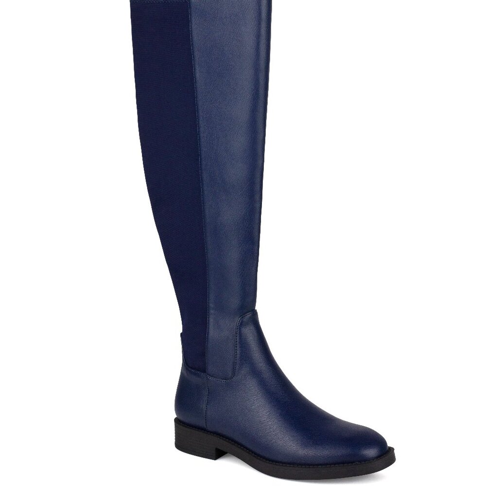 Stylish Modern Fashion Stretchy Leather Knee High Navy Blue Riding Flat Boots